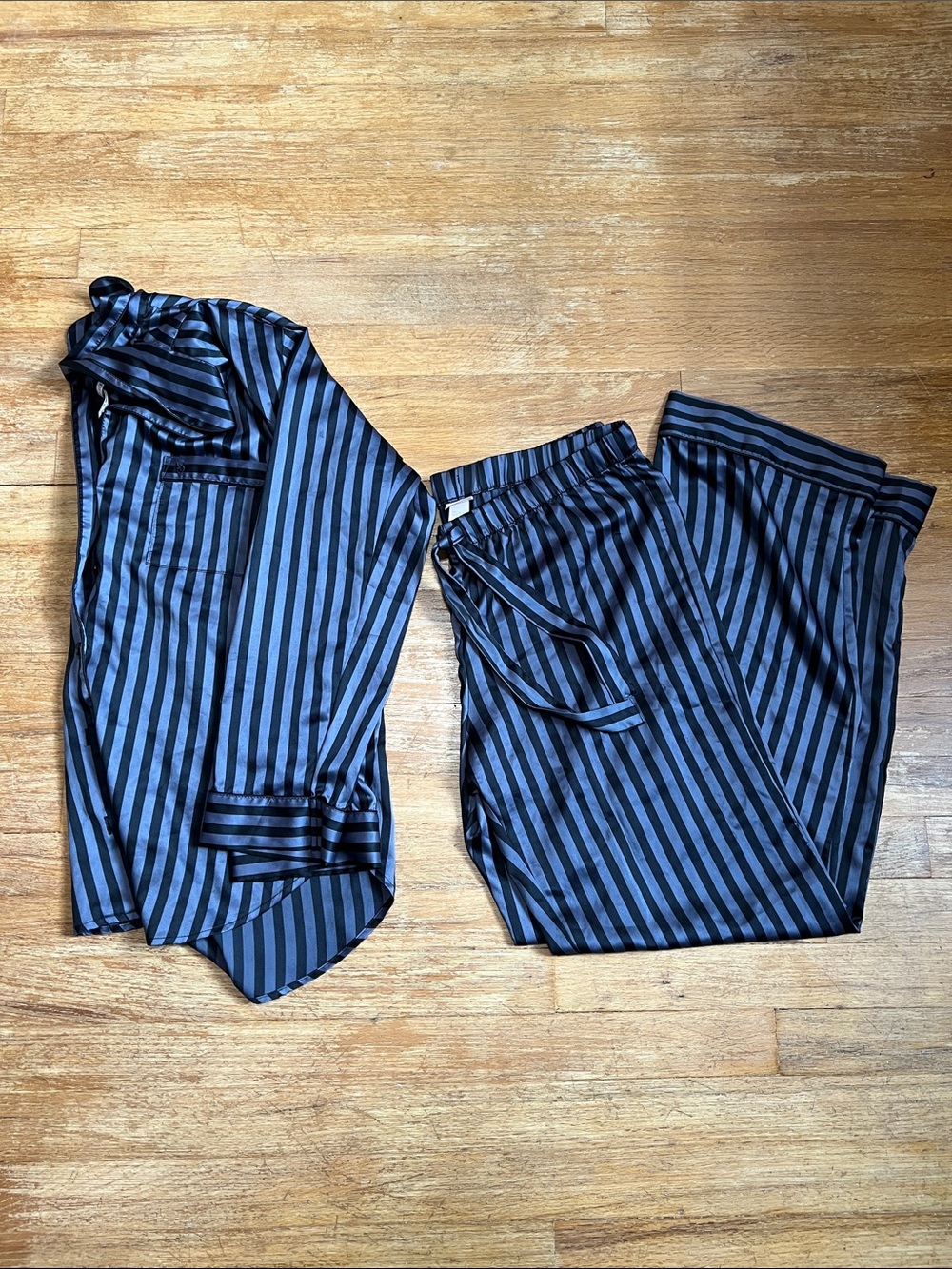 Victoria Secret Striped Black Satin Pajama Set Large